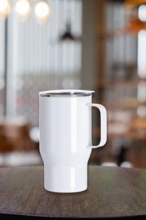 Taza para viaje, tapa de acrílico y manija blanca