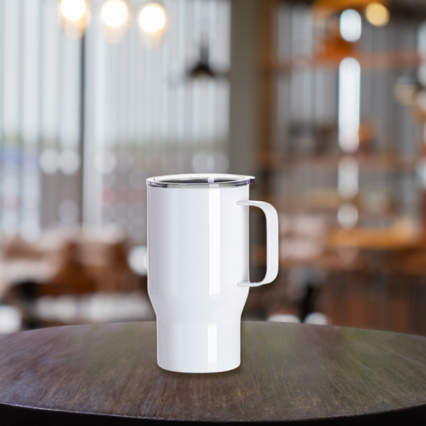 Taza para viaje, tapa de acrílico y manija blanca